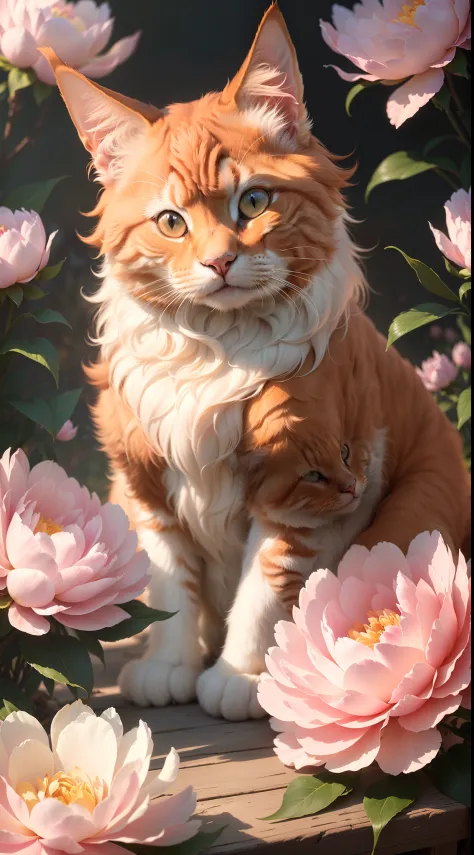 PhotographyUSA, style of Kim Keever, Ginger Cat of the maincoon breed sits among peonies, the cat's ears shine through in the su...