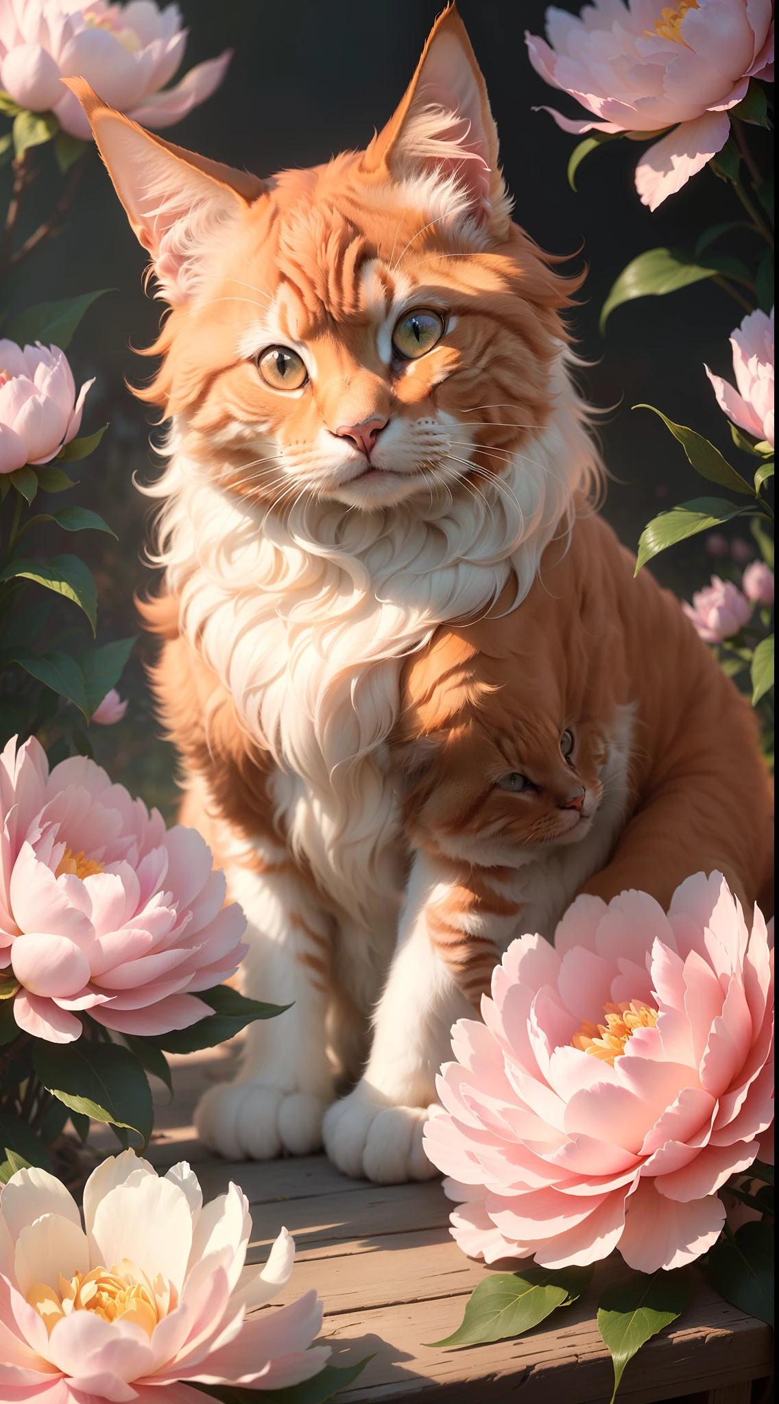 PhotographyUSA, style of Kim Keever, Ginger Cat of the maincoon breed sits among peonies, the cat's ears shine through in the sun, add more details , Masterpiece , Macro photography, no add human
