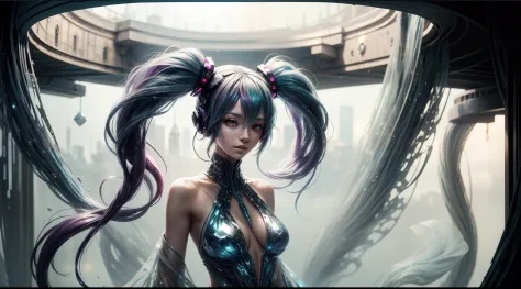 Big breasts Hatsune Miku, beachside, The hair is red and purple, Hair Bow, Colorful eyes are carefully depicted，Anime style, Sparkle, letterboxed, Wide shot, in a panoramic view, hyper HD, 3Drenderingof，Super detail, Award-Awarded, 1080p