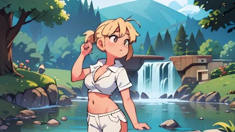 a girl with blonde two pony tails,white short shirt, cleavage,navel,white short pants,river background