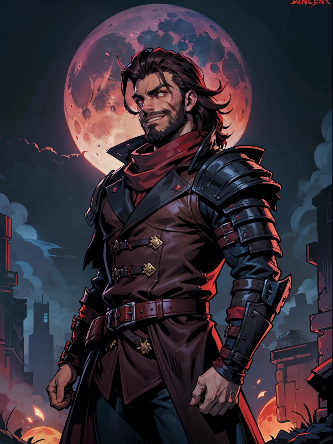 Dark night blood moon background, Darkest dungeon style, looking at the moon, game portrait, Sadurang from Marvel, hunk, short mane hair, mullet, defined face, detailed eyes, short beard, glowing red eyes, dark hair, wily smile, badass, dangerous, wearing classy trench overcoat over armor and red scarf