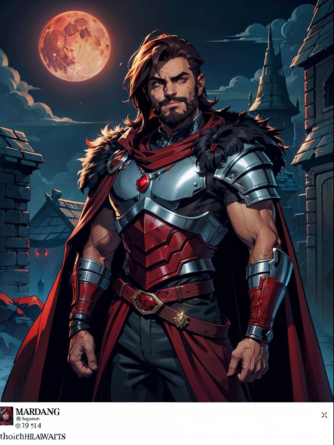 Dark night blood moon background, Darkest dungeon style, looking at the moon, game portrait, Sadurang from Marvel, hunk, short mane hair, mullet, defined face, detailed eyes, short beard, glowing red eyes, dark hair, wily smile, badass, dangerous, wearing armor set of red dragon scales, cape of furs