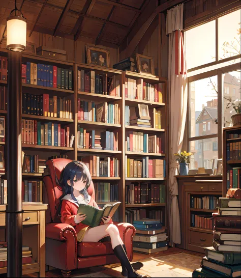 "Reading books in a cozy library, immersed in a world of imagination and knowledge."