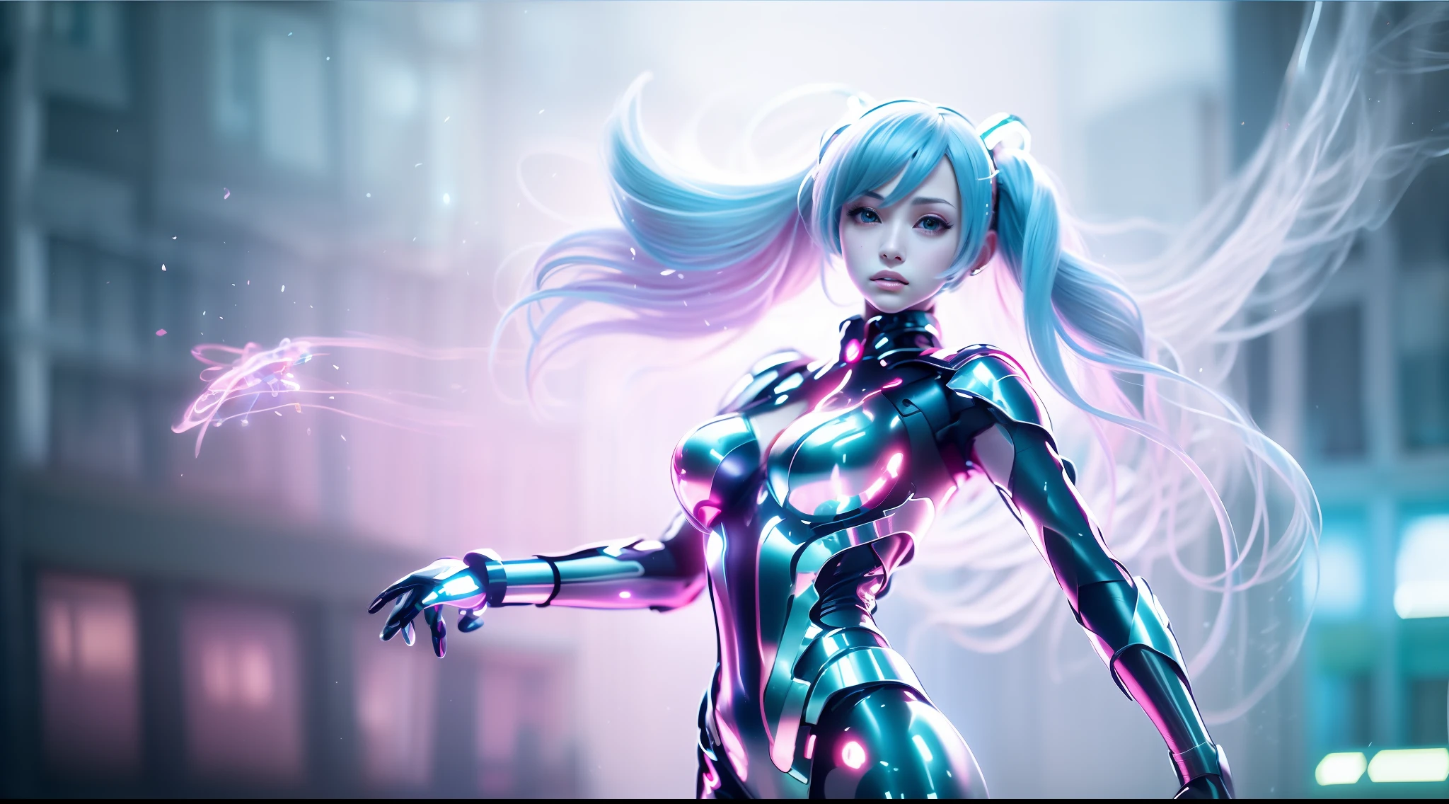 Gros seins Hatsune Miku, Les cheveux sont roux et violets, arc de cheveux, Yeux colorés，Vents forts，CielCiel，Effets de banderoles volantes，Style animé, scintillait, boîte aux lettres, plan large, dans une vue panoramique, hyper HD, 3Drendude，Super détail, Récompensé, 1080P