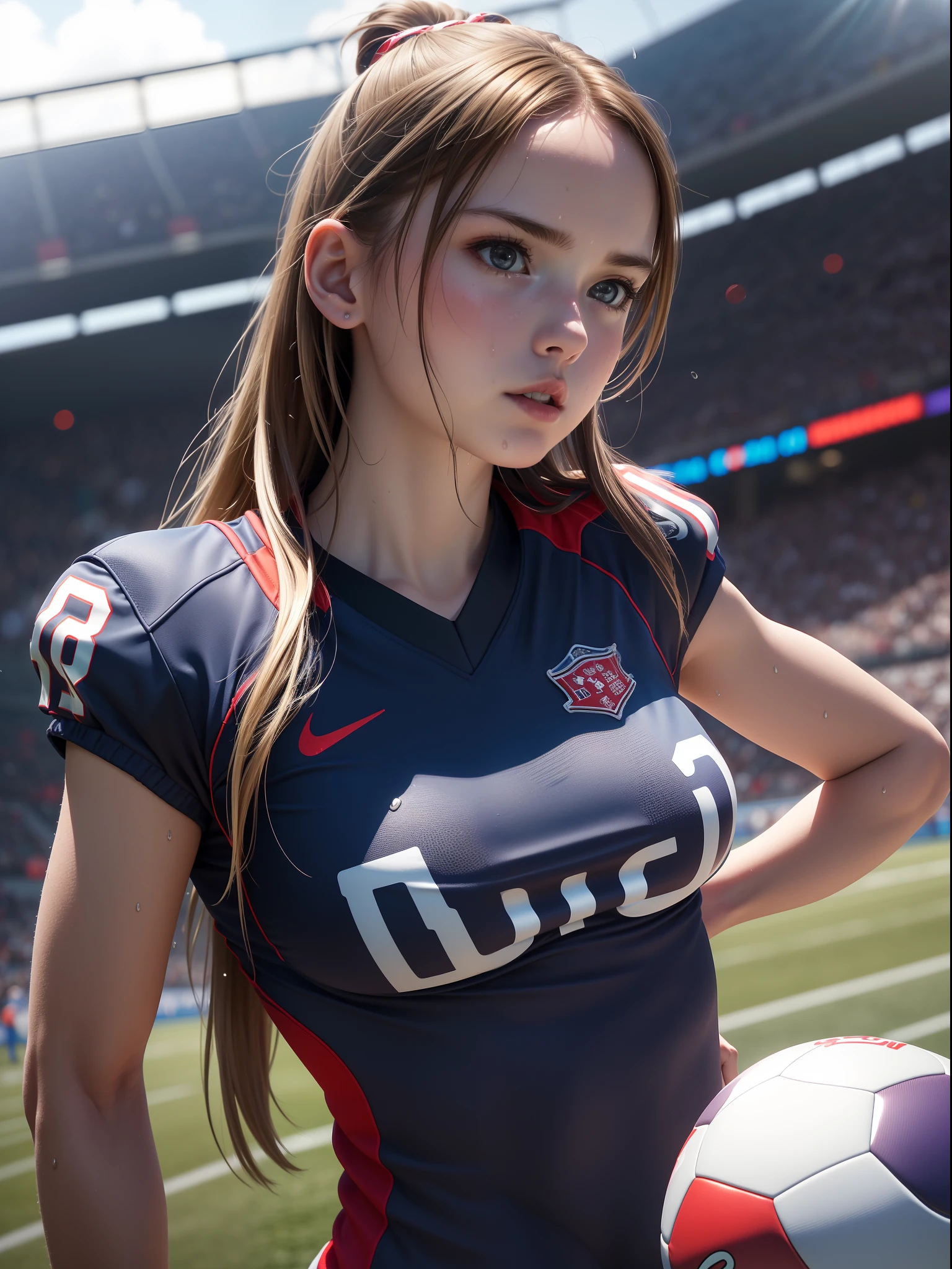 (8K, Raw photo, Best Quality, masutepiece:1.2), (Realistic, Photorealsitic:1.37),1 girl,Cute, (Solo),A detailed face, Dramatic Angle,
,football uniform,Look away,Sporty,Shoot a soccer ball,Wet skin,Sweat,Large breasts,Nice　Legs,　　Football Venues ,