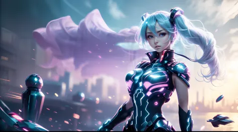 Big breasts Hatsune Miku, The hair is red and purple, Hair Bow, Colorful eyes，strong winds，Skysky，Flying belt effect，Anime style, Sparkle, letterboxed, Wide shot, in a panoramic view, hyper HD, 3Drenderingof，Super detail, Award-Awarded, 1080p