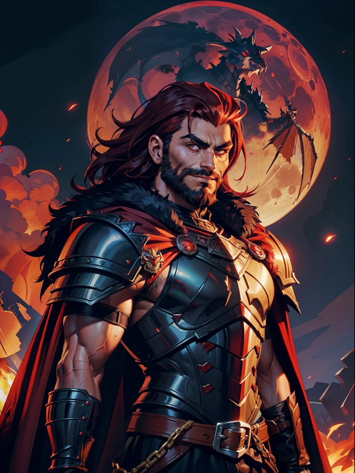 Dark night blood moon background, Darkest dungeon style, game portrait, Sadurang from Marvel, hunk, buffed physics, short mane hair, mullet, defined face, detailed eyes, short beard, glowing red eyes, dark hair, wily smile, badass, dangerous, wearing armor set of red dragon scales, cape of furs