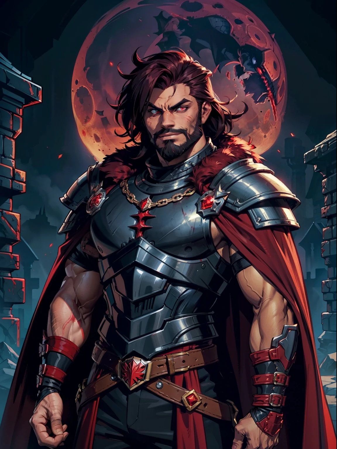 Dark night blood moon background, Darkest dungeon style, game portrait, Sadurang from Marvel, hunk, buffed physics, short mane hair, mullet, defined face, detailed eyes, short beard, glowing red eyes, dark hair, wily smile, badass, dangerous, wearing armor set of red dragon scales, cape of furs