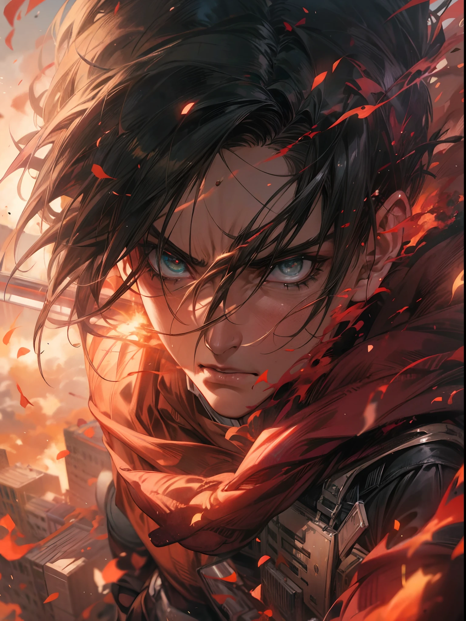 Ataque en Titan,levi ackerman, pose dinámica,bengala de fuego que lo rodea