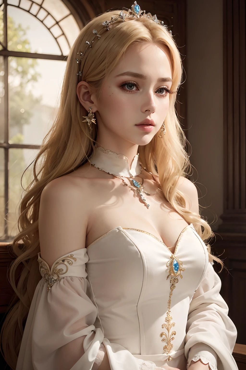 Very beautiful princess bright eyes blonde hair jowlery super detailed hyper realistic masterpiece different lighting senarios full neck covered with outfit