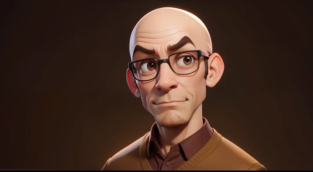 bald man, wearing glasses, brown clothes, pixar disney cartoon style