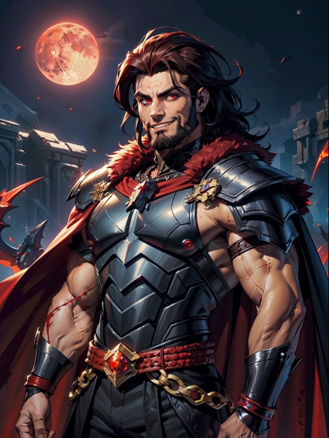 Dark night blood moon background, Hades style, game portrait, Sadurang from Marvel, hunk, buffed physics, short mane hair, mullet, defined face, detailed eyes, short beard, glowing red eyes, dark hair, wily smile, badass, dangerous, wearing armor set of red dragon scales, cape of furs