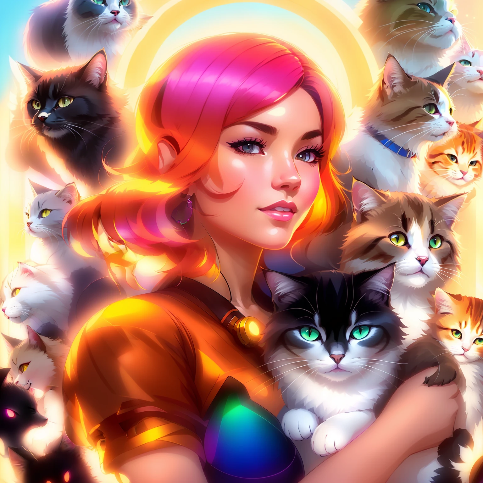 uma mulher segurando um gato cercado por muitos gatos, Beeple e Jeremiah Ketner, só uma piada, por Jeremiah Ketner, artgerm e atey ghailan, alice x. zhang, artgerm julie bell beeple, Alena Aenami e Artgerm, bela arte uhd 4k, desenho animado rossdraws vibrante