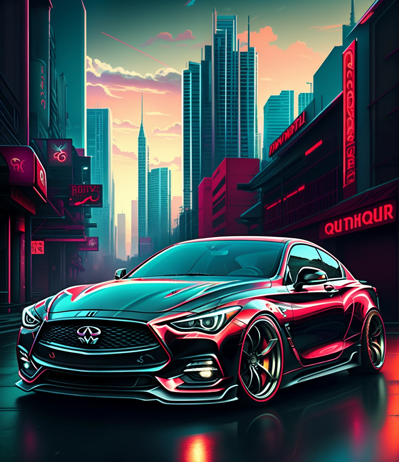 "قم بإنشاء صورة سينمائية لسيارة Infiniti Q60 Redsport في مدينة السايبربانك, اللون الخارجي أحمر,  خمسة تكلم 21" عجلات الكروم, تعليق منخفض, متوقفة مع تدوير العجلات الأمامية بالكامل, نظرة الموقف, عالي الدقة, دقة عالية, مفصلة