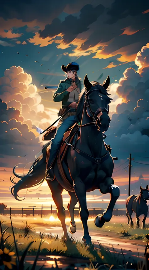 A powerful rider riding a horse in a beret hat，The rider with the shotgun on his back sat on horseback，Western hunter with beret on horse