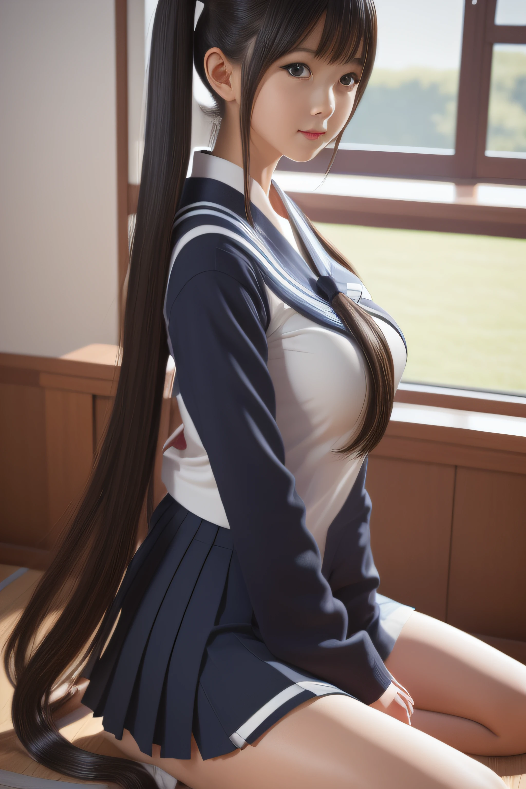 A girl，young，Black color hair，horse tailed，a sailor suit,best qualtiy，best illuminate，Highest high resolution，16K，Meticulous details，full body shot shot,realisticlying,beachside,The bust is huge,full bodyesbian,socks,JK,Uniforms