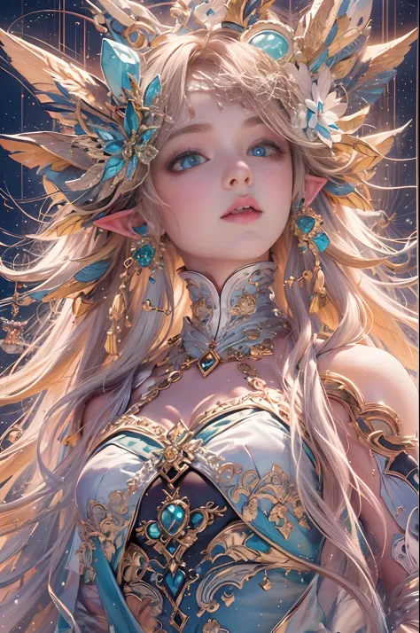 (masterpiece, top quality, best quality, official art, beautiful and aesthetic:1.2), (1 Elf girl), extremely detailed, long shapeless hair, (fractal art:1.3),colorful, cinematic lighting.