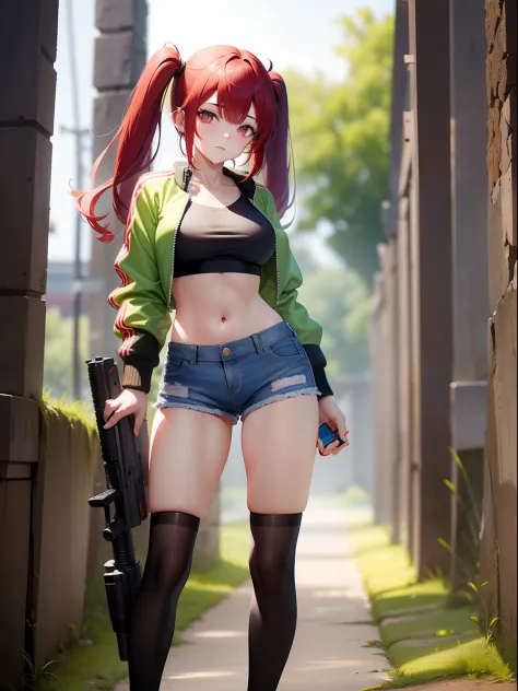 Female asian Irina Shidou red hair twintails, in ancient Mayan ruins, wearing a bomber jacket and crop top and denim shorts, las...