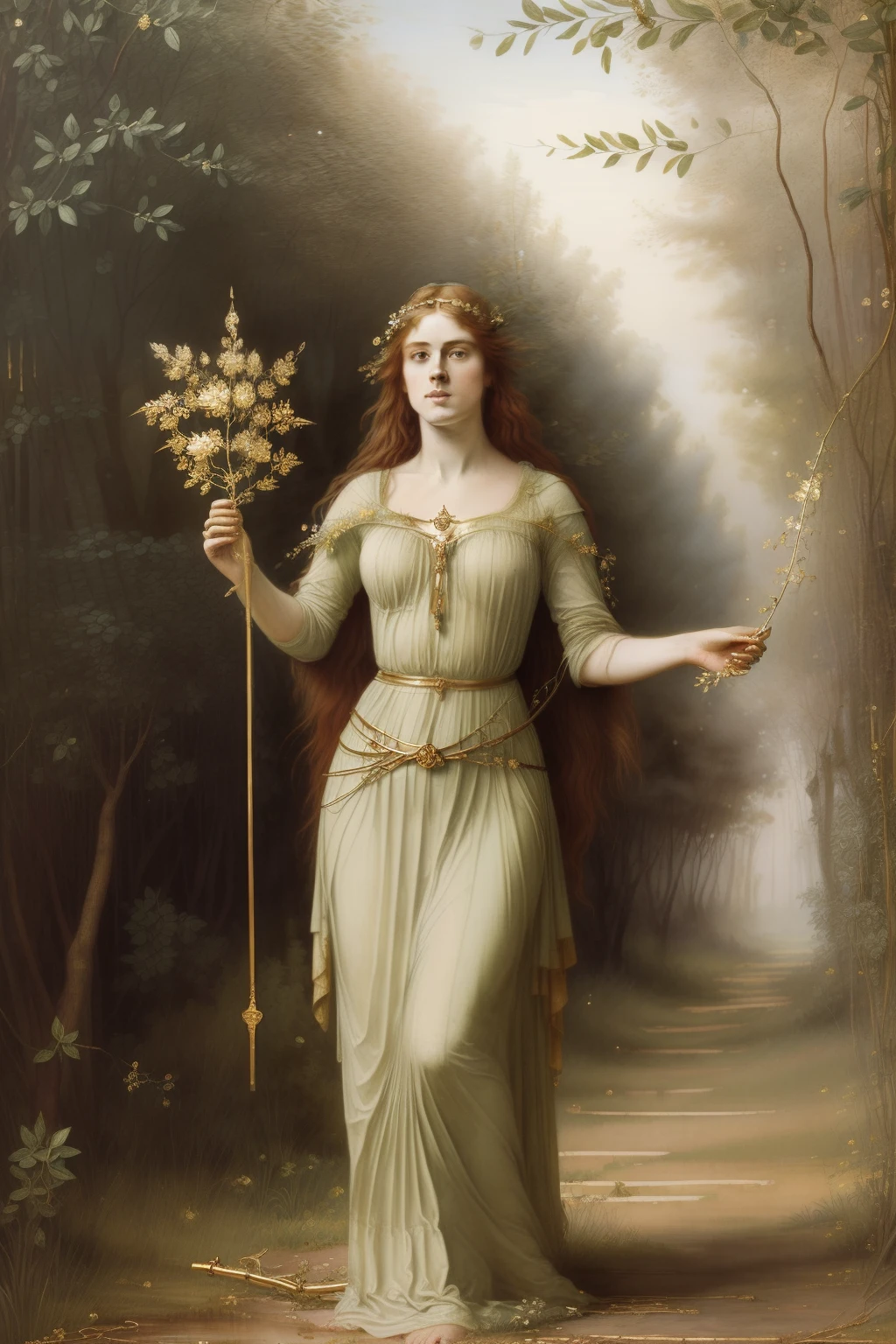 (((Pre-Raphaelite painting of an enchanted maiden emerging from the mist while holding a gold branch, adoranda com joias de ouro, paisagem celta, floresta outonal)))