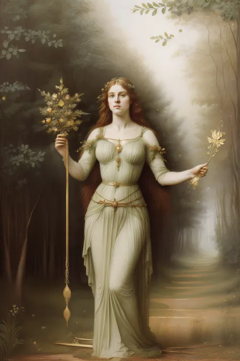 (((Pre-Raphaelite painting of an enchanted maiden emerging from the mist while holding a golden branch, adoranda com joias de ouro, paisagem celta, floresta outonal)))