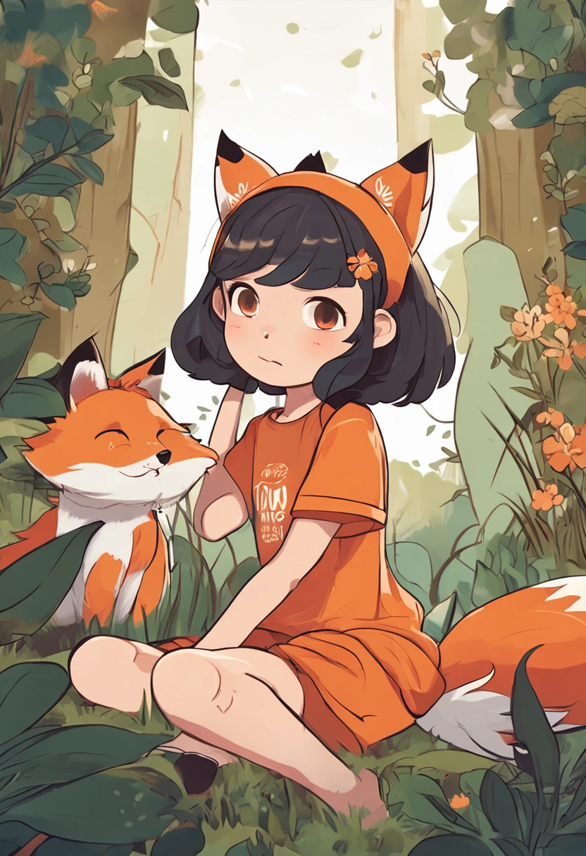 A girl in an orange dress sitting in the grass with a fox - SeaArt AI