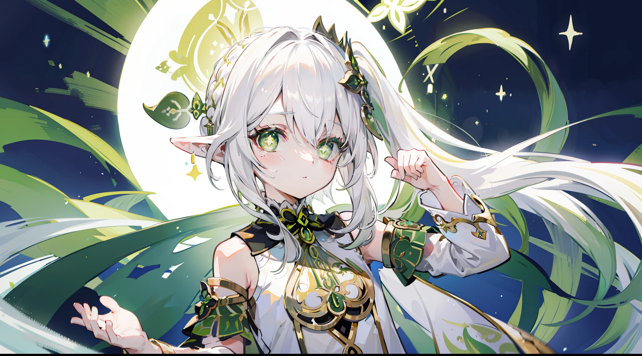 Nahida_Genshin,(White hair),cross-shaped pupils,default_dress,Green cape,Western religious temple background，"White dome"，Prayer gestures
