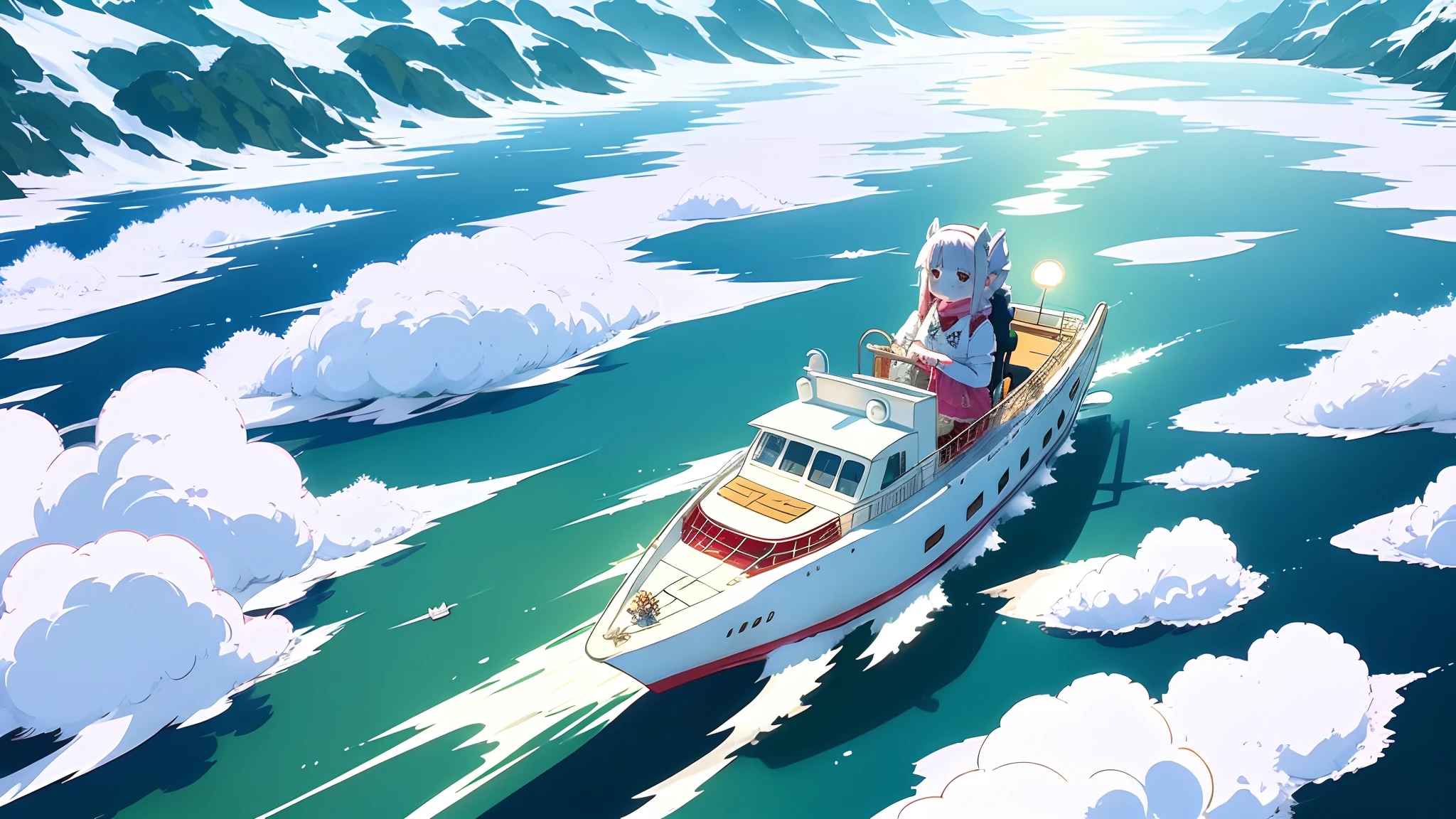 bit girl, Maid Dragon, White dragon on the back,afloat，flight，  snowflower, Cartoon style, Best quality, Masterpiece,  (Masterpiece,Best quality:1.5)