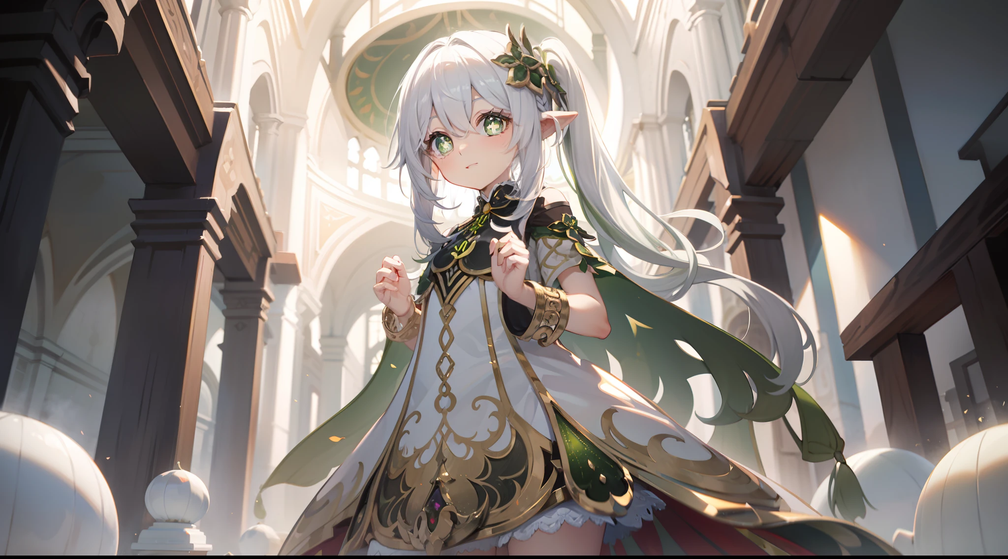 Nahida_Genshin,(White hair),cross-shaped pupils,default_dress,Green cape,Western religious temple background，"White dome"，Put hands together andpray