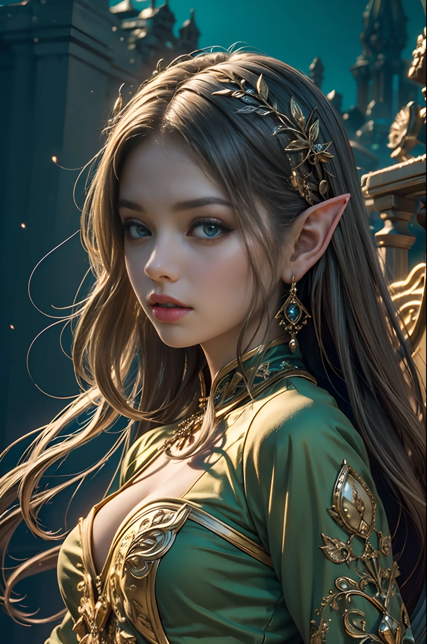 (masterpiece, top quality, best quality, official art, beautiful and aesthetic:1.2), (1 Elf girl), extremely detailed, long shapeless hair, (fractal art:1.3),colorful,highest detail, cinematic lighting, elven city background.