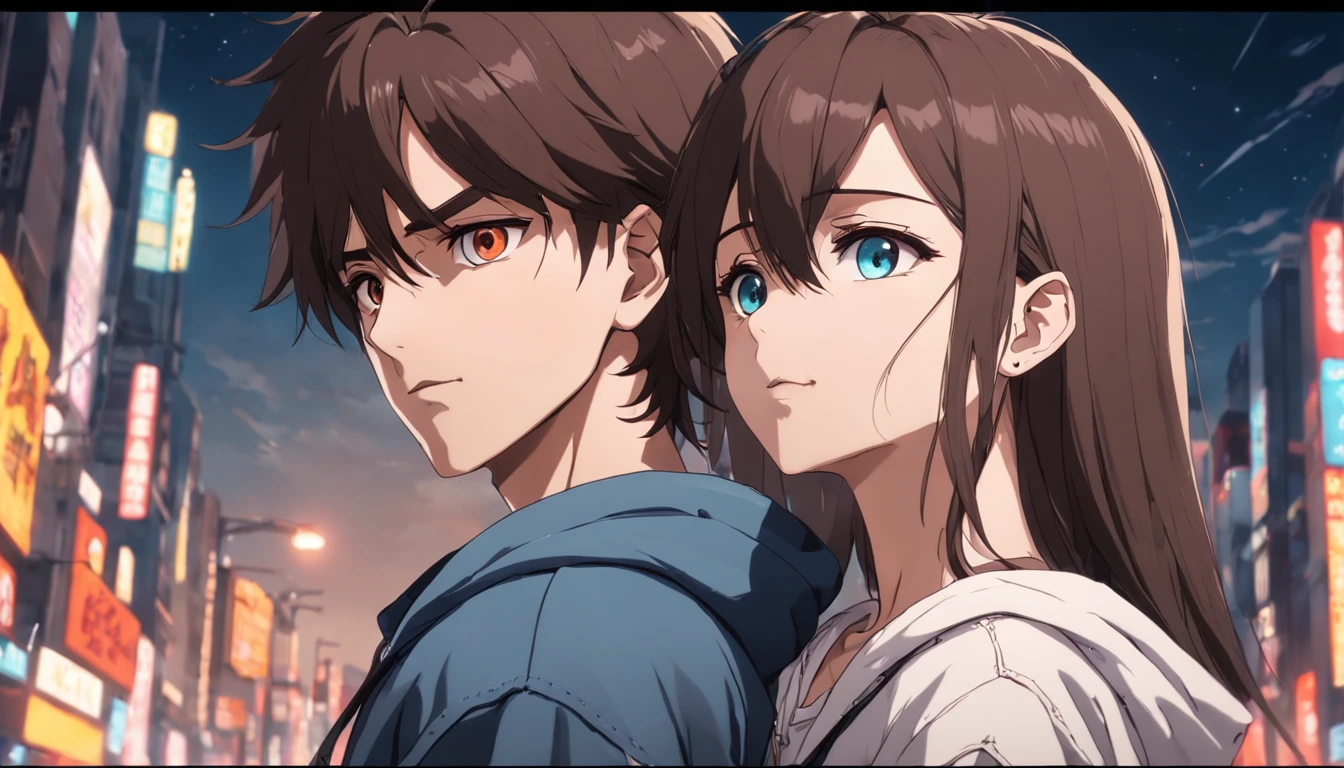 Two anime characters standing in front of a city at night - SeaArt AI