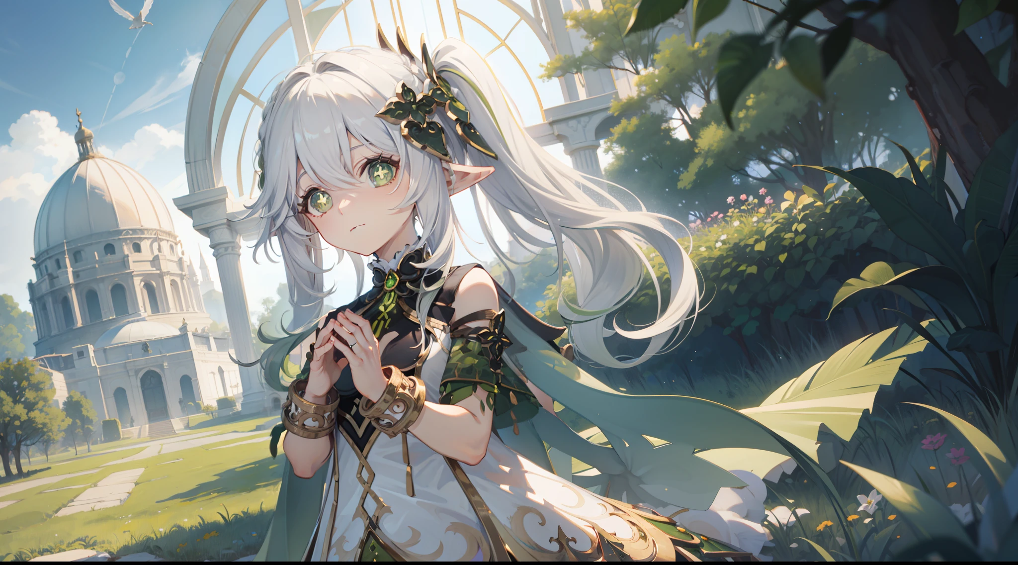 Nahida_Genshin,(White hair),cross-shaped pupils,default_dress,Green cape,Outdoor background，life，God of grass and trees，"White dome"，Put hands together andpray