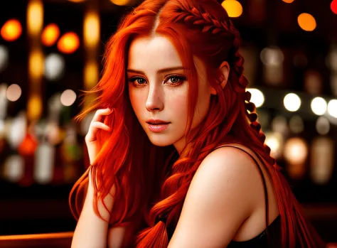 portrait photo of lenkaregalova beautiful woman, red hair,  low-braided long hair , nightclub sitting at bar (masterpiece) (best...