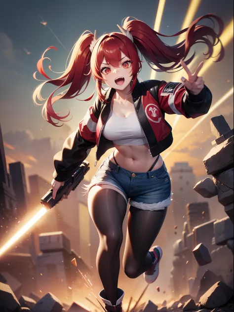 Female asian Irina Shidou red hair twintails, in ancient Mayan ruins, wearing a bomber jacket and crop top and denim shorts, laser rifle in right hand, shooting laser rifle, running away from a giant raptor dinosaur, big scary raptor dinosaur running behin...