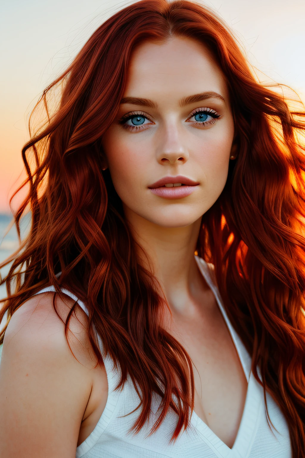 a portrait of a beautiful woman, (height 1.2), she has long wavy and red hair, sunset, sunkissed, sunshine, blue eyes