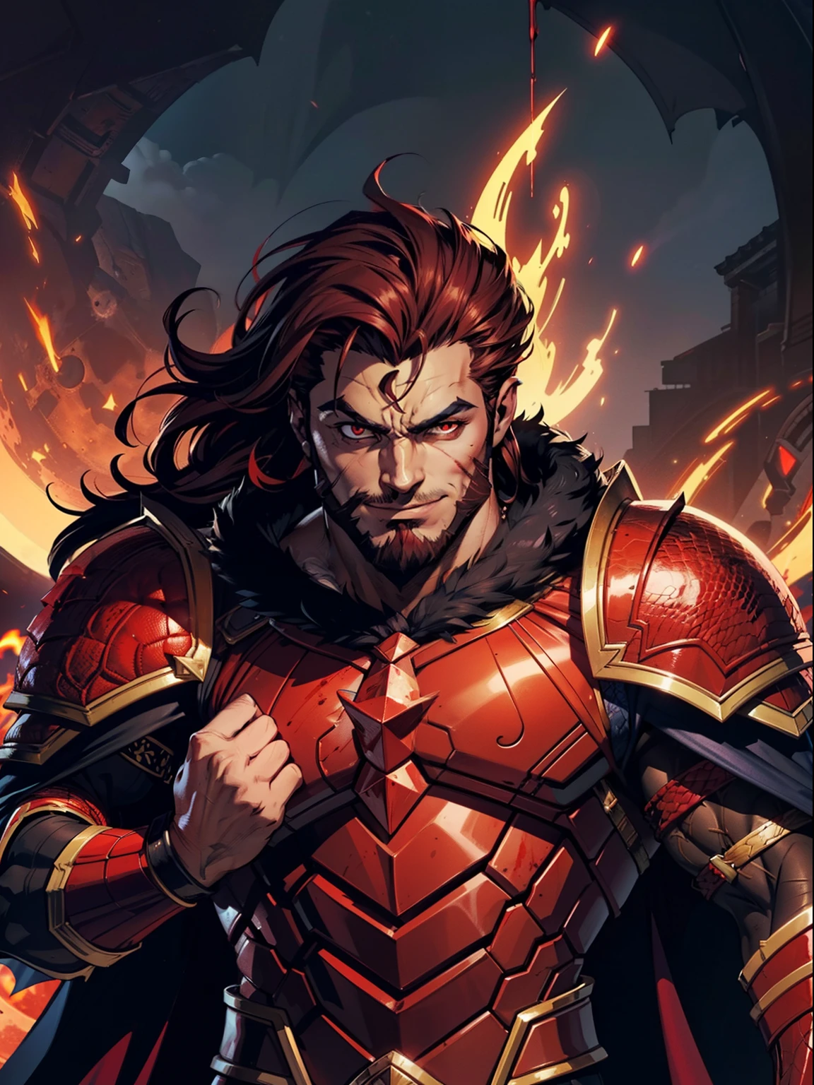 Dark night blood moon background, Hades style, game portrait, Sadurang from Marvel, hunk, buffed physics, short mane hair, mullet, defined face, detailed eyes, short beard, glowing red eyes, dark hair, wily smile, badass, dangerous, wearing full armor with red dragon scales, cape of furs