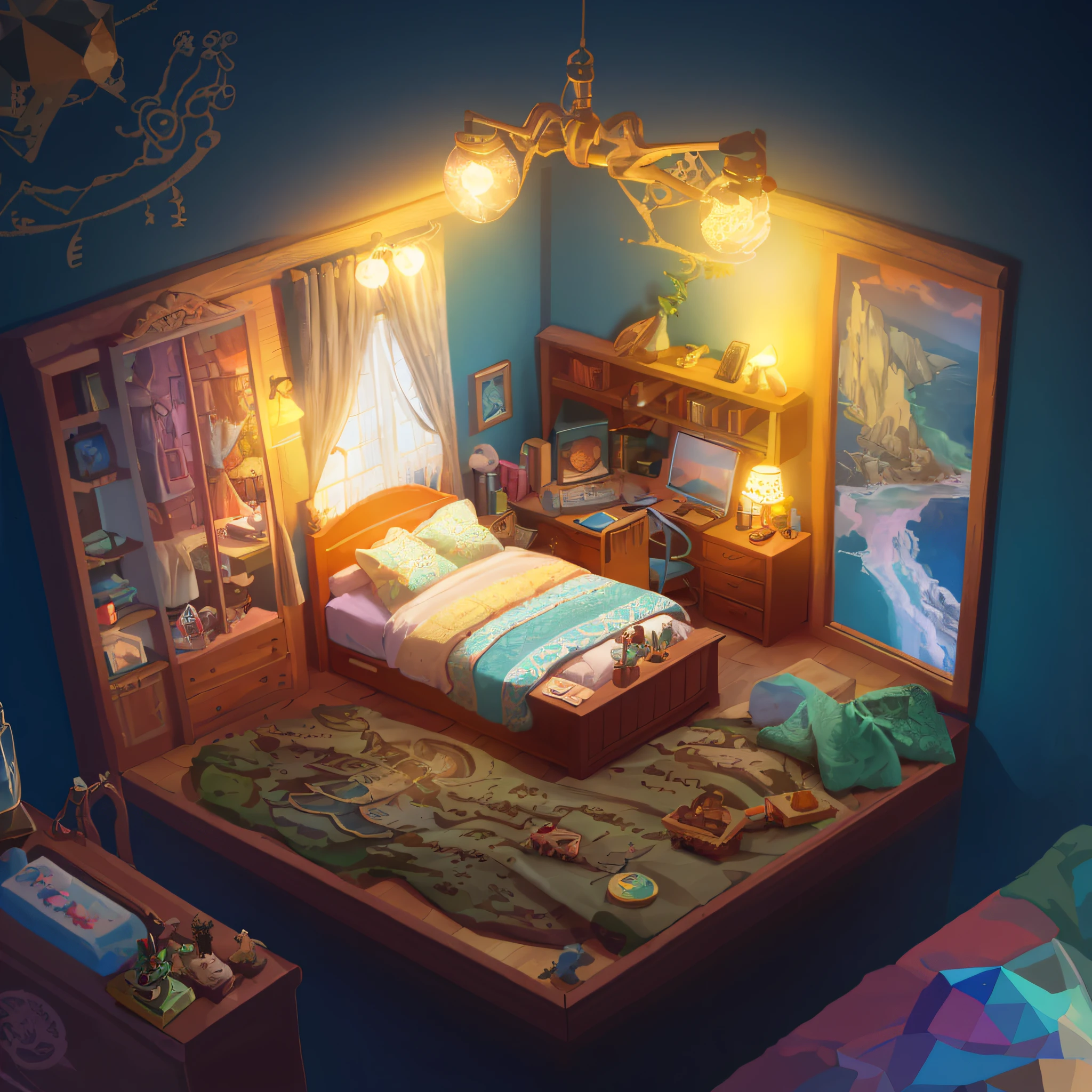 A isometric (((bedroom with a bed and wooden furniture))), a low poly render, inspired by Cyril Rolando, pixel art, detailed and intricated isometric romm, background on ocean at night, small and cosy student bedroom, inside cute bedroom, organic isometric design, portfolio illustration, cute detailed artwork, intricate rendering, fairy and dreamy illustration