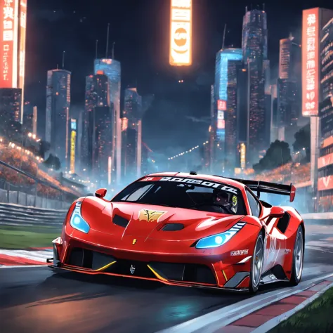 "um Quority(Ferrari 488 GT3 |)Race cars race around the city circuit at night，Um sopro de sangue e velocidade。"