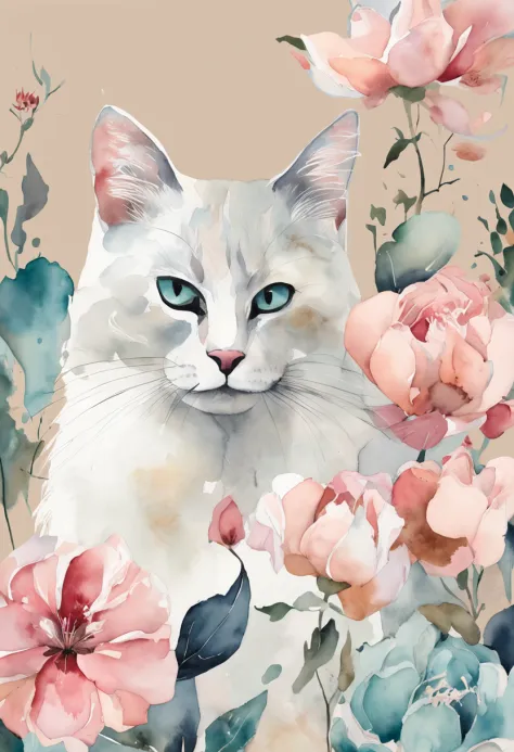 Cats, Main color Black, Secondary color cyan, Pastel pink background, artistic, Sophisticated, Warm style, Shapes include abstract cats, Playful forms, Elegant piece, Textures include fur textures, Smooth paint, Fabric texture, The lines contain graceful l...