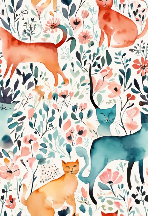 Cats, Main color Black, Secondary color cyan, Pastel pink background, artistic, Sophisticated, Warm style, Shapes include abstract cats, Playful forms, Elegant piece, Textures include fur textures, Smooth paint, Fabric texture, The lines contain graceful l...