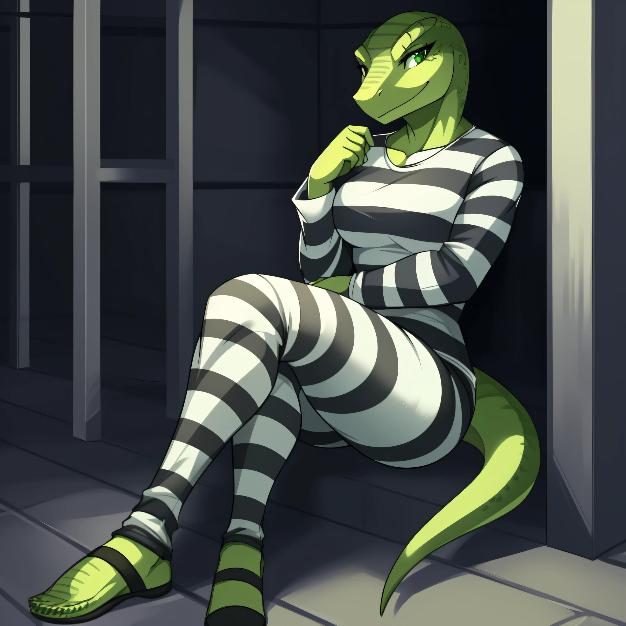 Solo, female, scalie, green eyes, lizard, smiling, green skin, green body, muscular, detailed hands, ((priclothes)), ((striped clothes)), prisoner, clothes, clothing, outfit, shirt, long sleeves, pants, full body, sitting, cross legs, black and white stripes