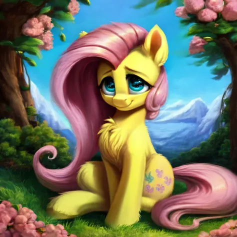 (masterpiece, best quality:1.2), (perfect anatomy), highres, high-definition quality, score_9,rating_suggestive, highres, detailed eyes, jewel eyes, (perfect eyes), (perfect face), detailed background, pony, fluttershy, turquoise eyes, feminine features, f...