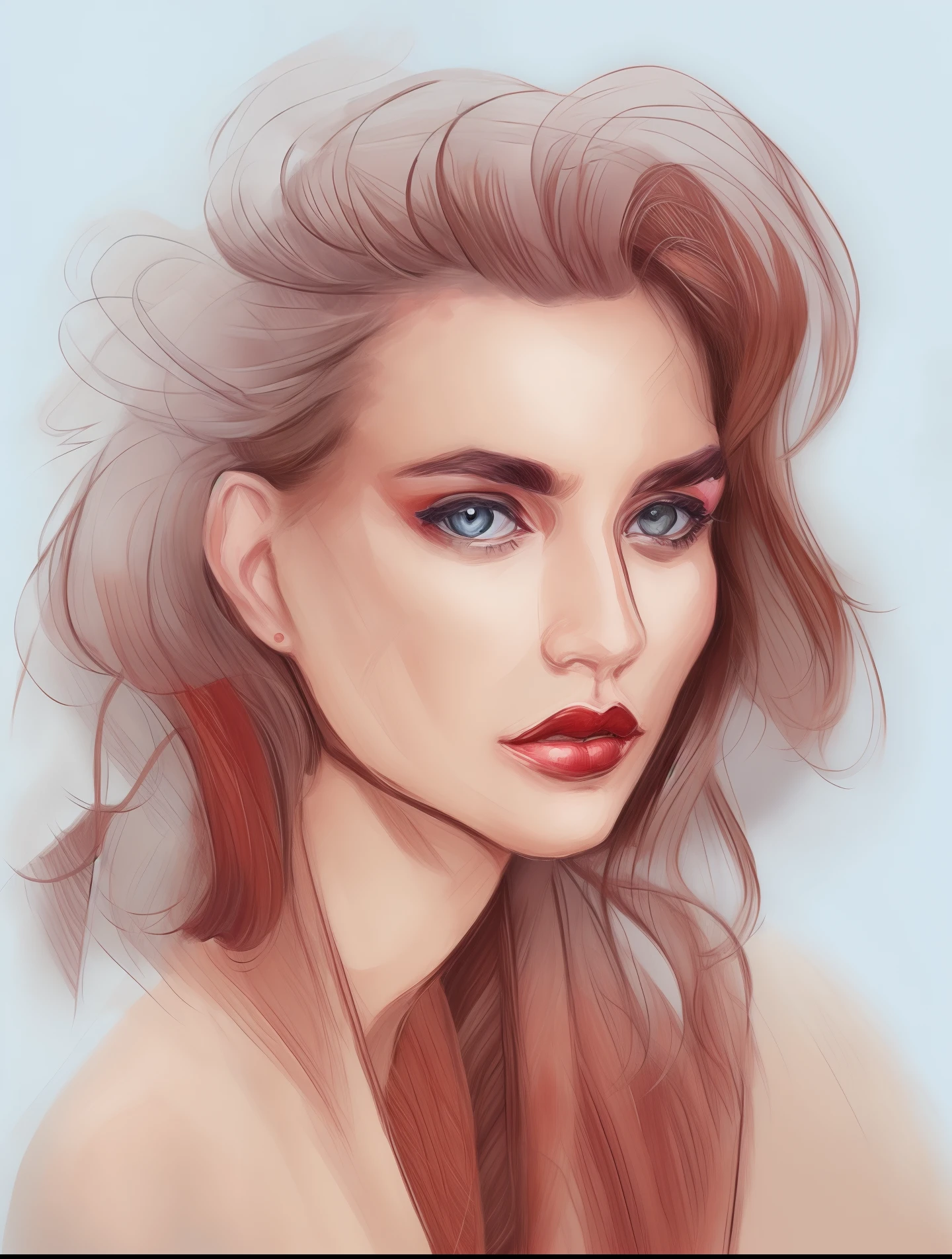 pintura digital, cabelo castanho, drees escuros, lábios vermelhos, creme para a pele, olhos castanhos