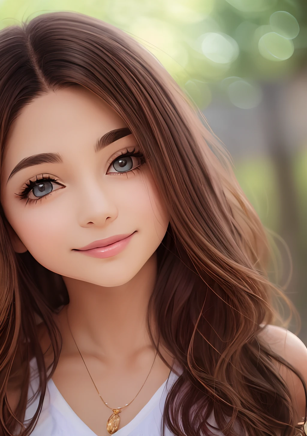 A close up of a woman with long brown hair and a necklace - SeaArt AI