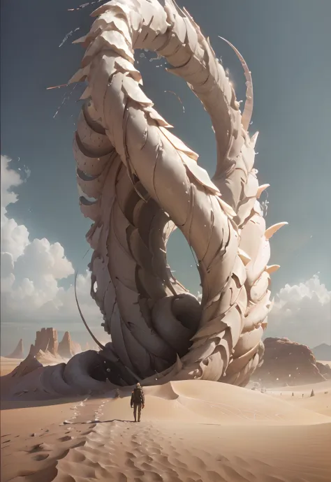 There was a man standing in the sand，Holding a huge sculpture in his hand, sandworm, 3d render digital art, low details. Digital...
