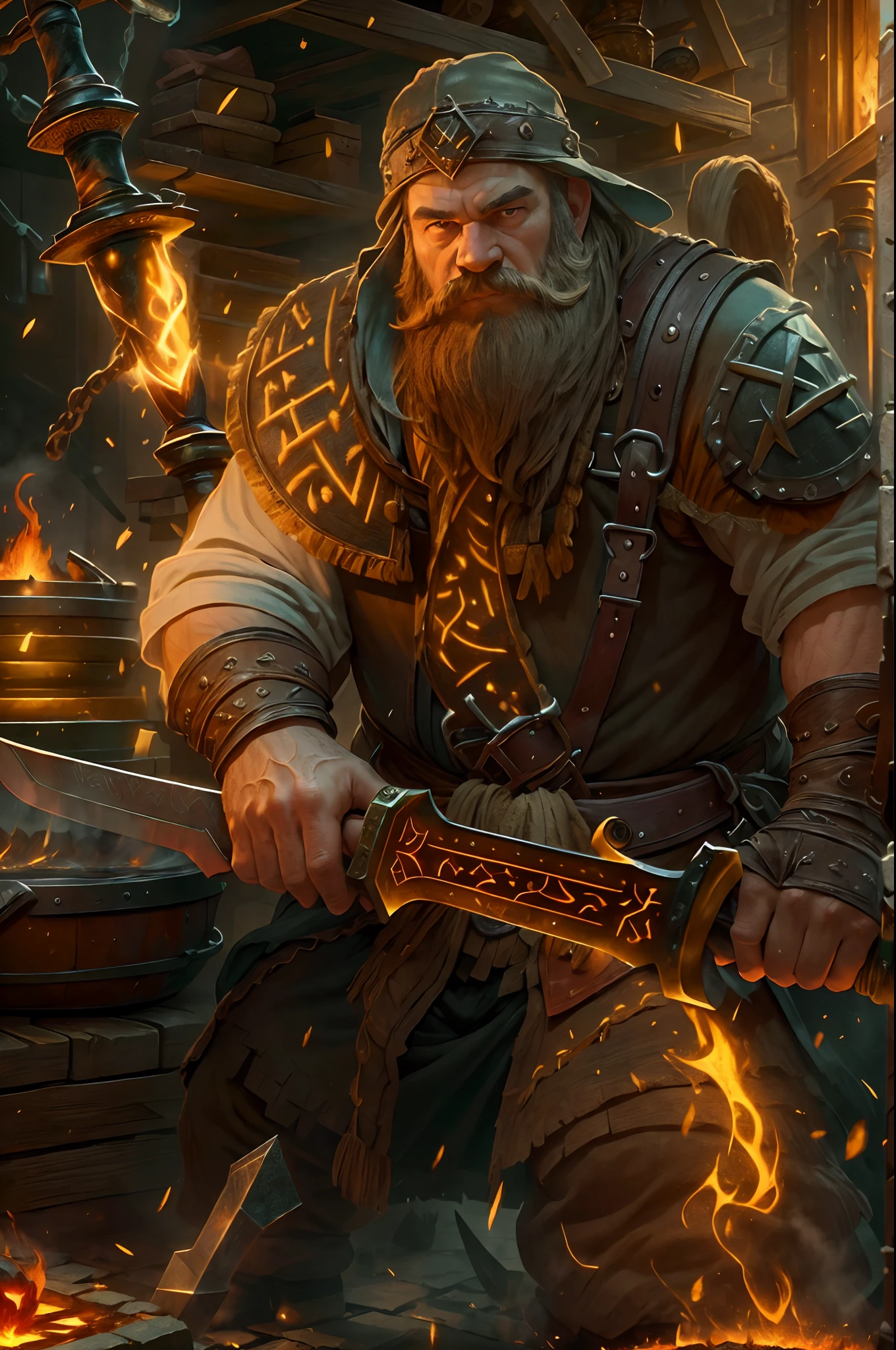 high details, best quality, 16k, RAW, [best detailed], masterpiece, best quality, (extremely detailed), full body, ultra wide shot, photorealistic, fantasy art fantasy_world, RPG art, D&D art, a picture of a dwarf working at his forge (intense details, Masterpiece, best quality), fantasy male dwarf (intense details, Masterpiece, best quality),(intense details, Masterpiece, best quality), brown hair, dynamic eyes color, ultra detailed face (intense details, Masterpiece, best quality), long beard, brown beard, muscular arms, wearing smith apron, holding a hammer in hand, hammer has yellow magical runes, shining GlowingRunes_yello yellowe runes (intense details, Masterpiece, best quality), working the forge (intense details, Masterpiece, best quality), fiery forge (intense details, Masterpiece, best quality), crafting magical metalic sword, dwarven smithy and fiery forge background, fiery red and yellow and orange shadow and light of a fiery orange (intense details, Masterpiece, best quality), High Detail, Ultra High Quality, High Resolution, 16K Resolution, Ultra HD Pictures, Ultra Realistic, Clear Details, Realistic Detail, Ultra High Definition