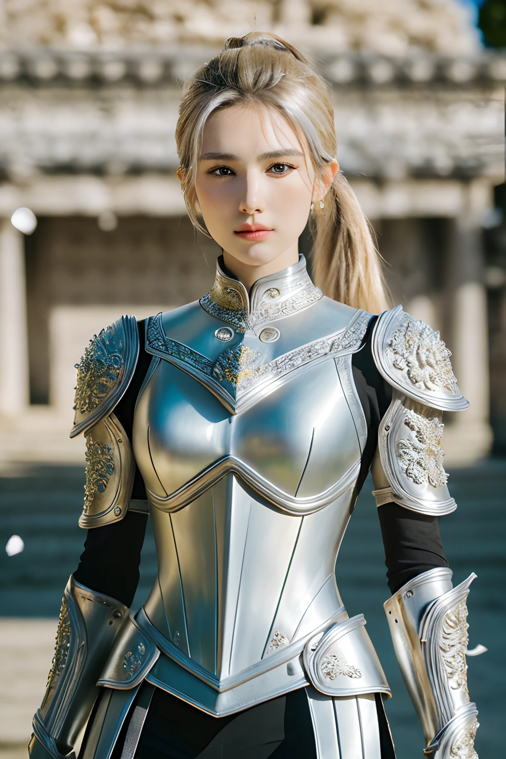 (8K, best quality:1.2), (masterpiece:1.37), (photo, photorealistic:1.37), (ultrahigh-res), full body, walking pose, shot from front, slow motion, female paladin wearing the full body, (light silver armour:1.2),(ornately decorated armor), (insanely detailed, bloom:1.5), (highest quality, Alessandro Casagrande, Greg Rutkowski, Sally Mann, concept art, 4k), (analog:1.2), (high sharpness), (detailed pupils:1.1), detailed face and eyes, Masterpiece, best quality, (highly detailed photo:1.1), (long blonde Hair, ponytail,ecstatic:1.1), (young woman:1.1), sharp, (perfect body:1.1), realistic, real shadow, 3d, (temple background:1.2), (by Michelangelo), photographed by Canan EOS R6, 135mm, 1/1250s, f/2.8, ISO 400