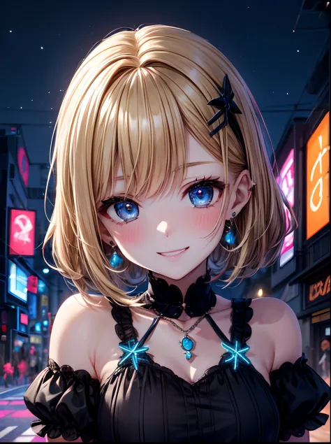 absurderes, (独奏:1.5,)ultra-detailliert,bright colour, extremely beautiful detailed anime face and eyes, view straight on, ;D, shiny_skin,25 years old, Happy smiling face、Short hair, , asymmetrical bangs, Blonde hair with short twin tails, Shiny hair, Delicate beautiful face, red blush、(Blue eyes), White skin, hair clips, earrings, a necklace, 、Black and yellow dress、(Midnight Tokyo)、(Lots of neon:1.3),starrysky