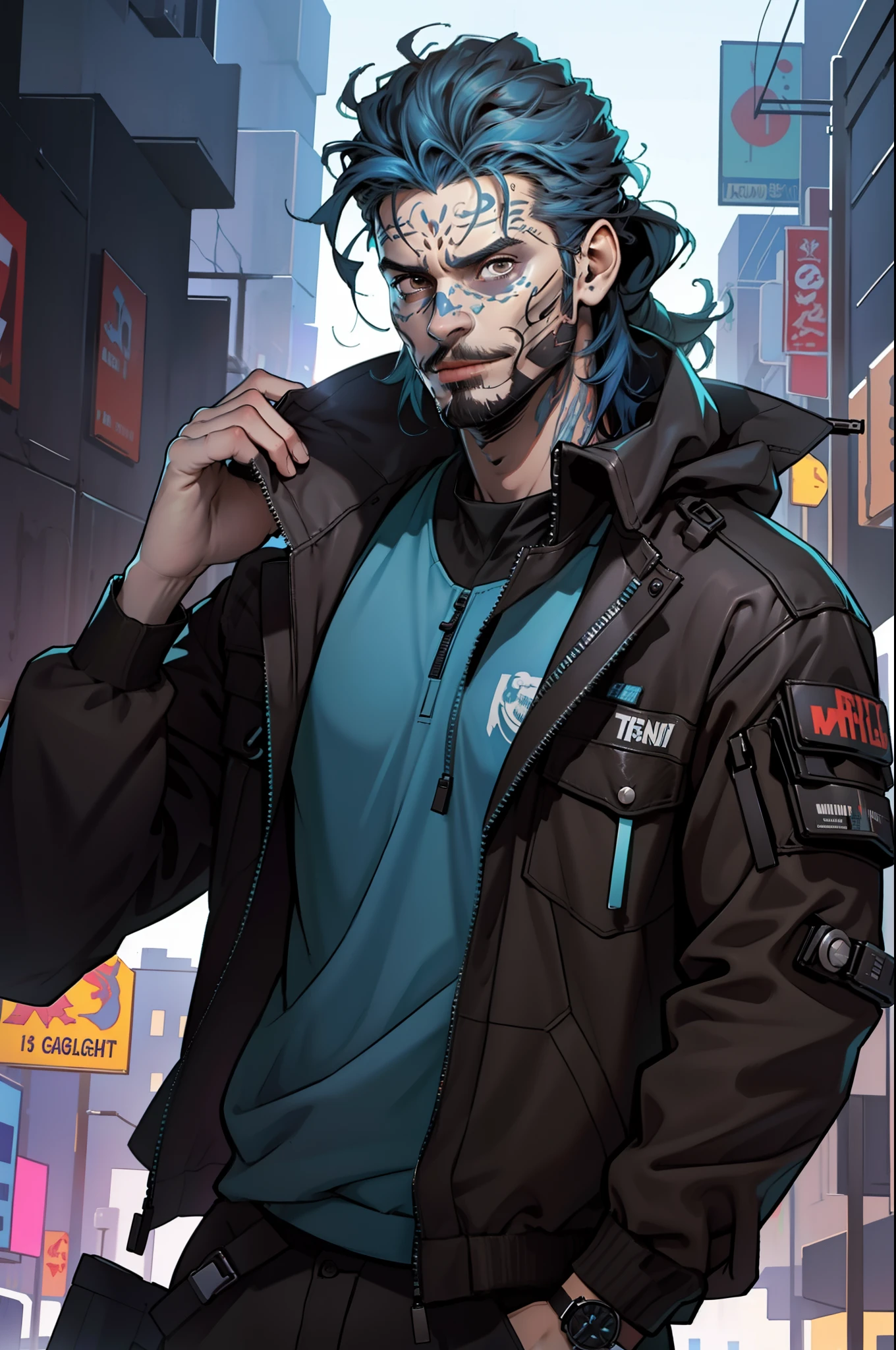 Photorealism, Highest quality, masterpiece, 8K, male, mature, tall, epic, (masterpiece:1.8, best quality), (solo, upper body), upper body, waist, facial hair, smirking, cyberpunk style, BREAK, ((brown eyes)), ((blue medium hair)), ((mid length blue hair)), ((face focus)), ((black techwear))