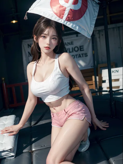 (((low angle shot from below)))、(((White denim shorts、Showpan、White denim shorts、Pink panties are visible through the gap in the shorts)))、White tight tank top、ultra-detailliert、​masterpiece、top-quality、超A high resolution、8K、high-level image quality、Photog...