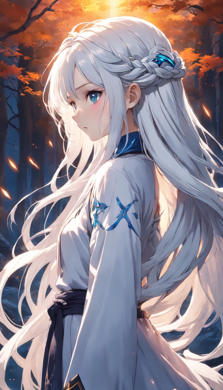 A girl with long white hair with a thin twisted braid on the right side with long white hair is a gray-blue eye of an eight-pointed star.